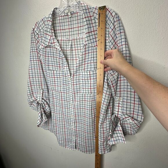 Joie White Red Blue Black & Green Plaid Front Button Pockets Long Sleeve Shirt L - Picture 11 of 13